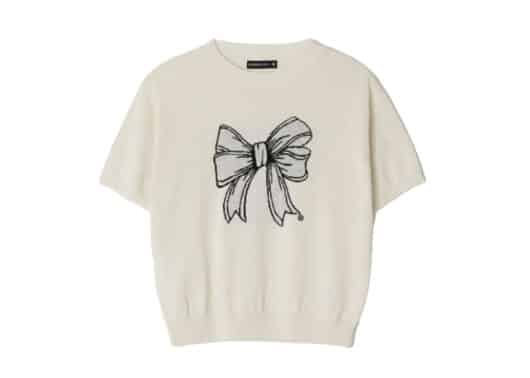 Ronron Line Ribbon Short Sleeve Knit White Black