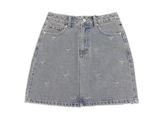 Ronron Ribbon Pattern Denim Short Skirt Light Blue