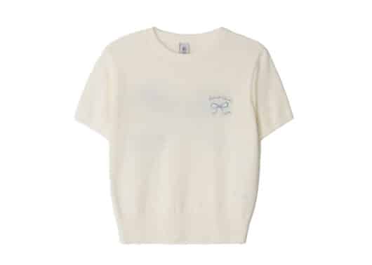 Ronron Heart Ribbon Jacquard Short Sleeve Knit Ivory - Image 2