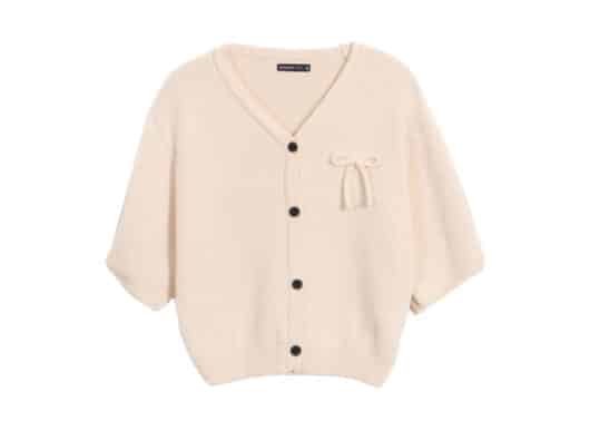 Ronron Ribbon V Neck Button Short Sleeve Knit Cardigan Cream Front View