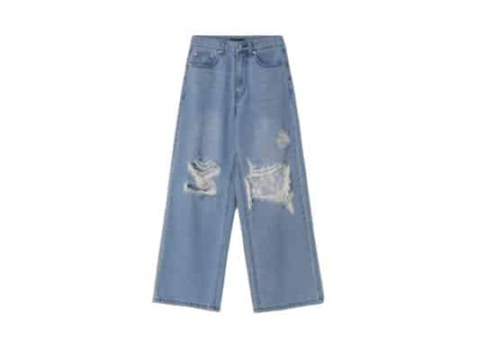 Ronron Lace Damage Wide Denim Pants Light Blue