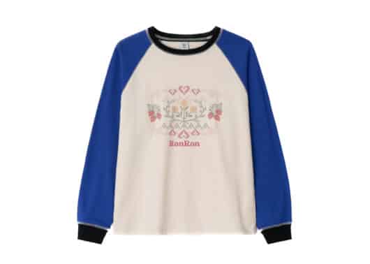 Ronron Cross Stitch Raspberry Raglan Long Sleeve Tee Cream Blue