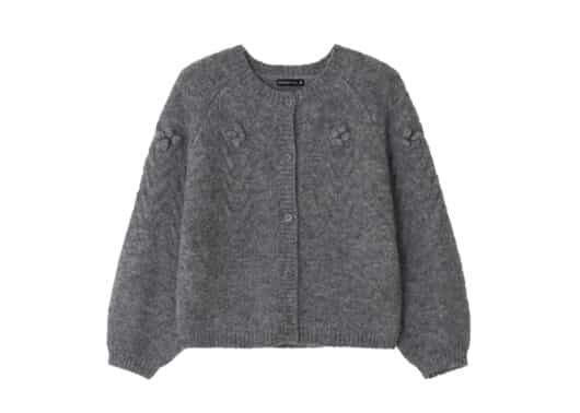 Ronron Handmade Flower Cable Puff Knit Cardigan Grey