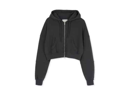 Matin Kim Peaches Logo Graphic Crop Hoody Zip Up Charcoal JP326 Front View