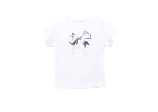 Ronron Double Ribbon Slim Crop Tee White Silver Front View