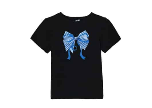 Ronron Gingham Double Ribbon Slim Crop Tee Black Blue Front View