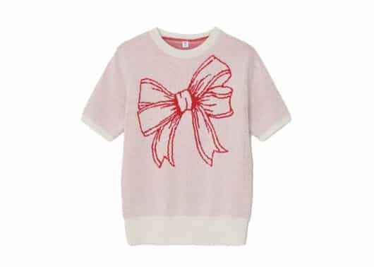 Ronron Ribbon Italy Cotton Short Knit Ivory Red Front View