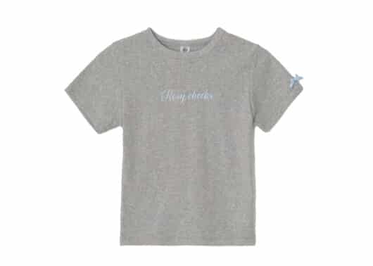 Ronron Rose Ribbon Point Slim Crop Tee Melange Grey Front View