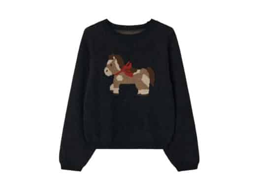 Ronron Furry Pony Raglan Jacquard Knit Black