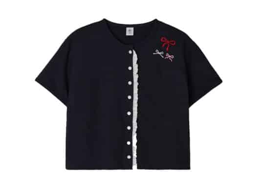 Ronron Lace Heart Button 3 Ribbon Short Cardigan Navy