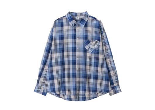 Ronron Check Stitch Heart Pocket Over Fit Shirt Blue