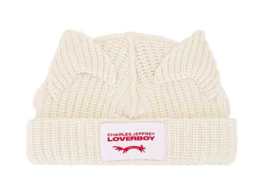 Charles Jeffrey LOVERBOY Knitted Chucky Ears Beanie Ecru Front View
