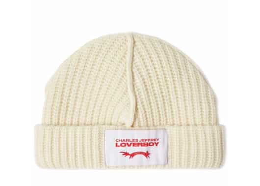 Charles Jeffrey LOVERBOY Knitted Label Beanie Ecru Front View