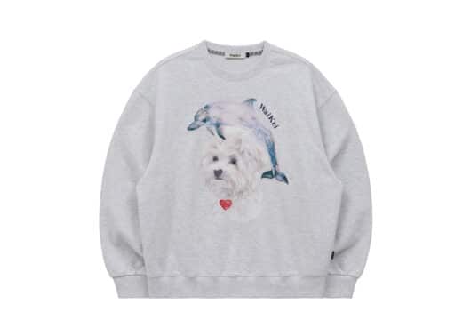 Wai Kei Watercolor Puppy Dolphin Jumping Man to Man Crewneck Melange White