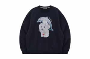Wai Kei Watercolor Puppy Dolphin Jumping Man to Man Crewneck Navy