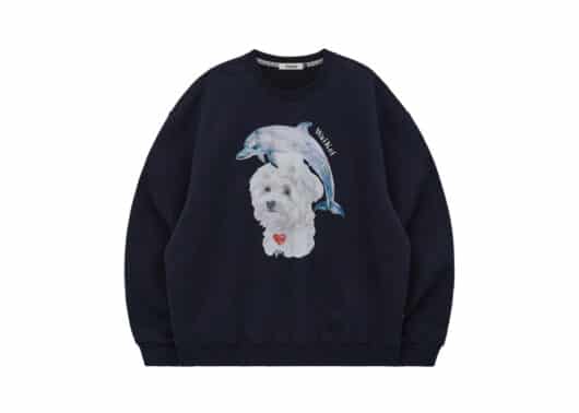 Wai Kei Watercolor Puppy Dolphin Jumping Man to Man Crewneck Navy