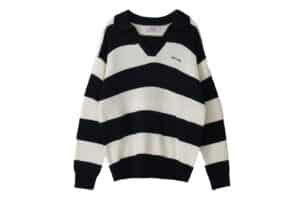 Rolarola Wool Blended Collar Stripe Boarder Knit Black Ivory