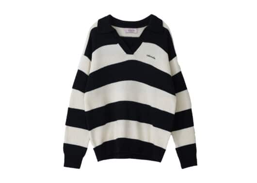 Rolarola Wool Blended Collar Stripe Boarder Knit Black Ivory
