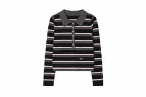 Ronron Stripe Henryneck Collar Slim Knit Black Pink
