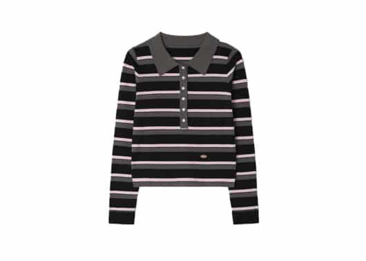 Ronron Stripe Henryneck Collar Slim Knit Black Pink