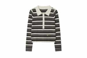 Ronron Stripe Henryneck Collar Slim Knit Charcoal Ivory