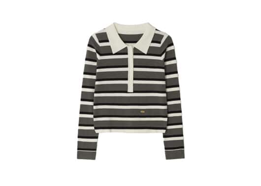 Ronron Stripe Henryneck Collar Slim Knit Charcoal Ivory