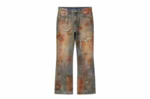 REGEN-ZONE-24FW-BLOOD-Heavy-Washed-Stained-Flared-Denim-Pants-Blue-Red