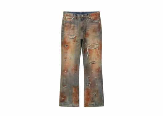 REGEN-ZONE-24FW-BLOOD-Heavy-Washed-Stained-Flared-Denim-Pants-Blue-Red