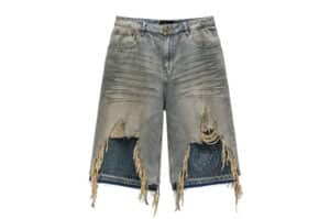 REGEN-ZONE-25SS-RIOT-Samurai-Double-Ripped-Patchwork-Shorts-Light-Blue