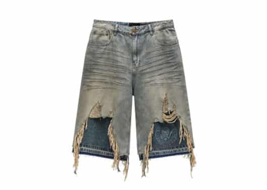 REGEN-ZONE-25SS-RIOT-Samurai-Double-Ripped-Patchwork-Shorts-Light-Blue