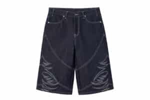 REGEN-ZONE-25SS-RIOT-Western-Armor-Embroidery-Patchwork-Denim-Shorts-Dark-Navy