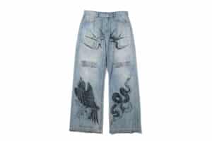 SONGAADON Tattoo Print Jeans Blue Front View