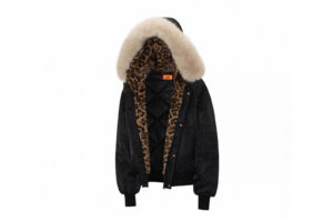 A Few Good Kids Leopard Print Fur Hooded Jacket Black Front View