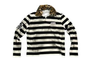 KLICK CLAK 26SS Stripe Detachable Leopard Collar Vintage L:S Polo Black White