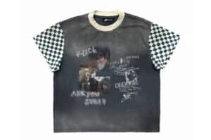 KLICK CLAK 26SS Washed Checkerboard Patchwork Distressed Tee Grey