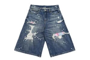 KLICK CLAK Washed Distressed Fabric Patchwork Cropped Jeans Blue
