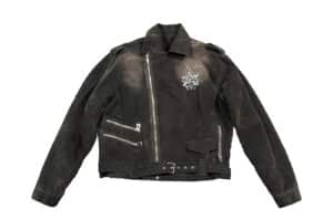 KLICK CLAK Washed Distressed Flocked Collar Motorcycle Jacket Black