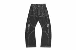 REGEN ZONE Racing Embroidered Studded Deconstructed Curved Raw Denim Jeans Black