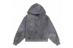 DND4DES Rhinestone Mud Washed Zip Up Hoodie Grey