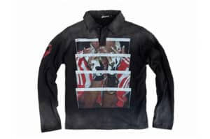KLICK CLAK Washed Distressed 3D Graphic Print L:S Polo Tee Black