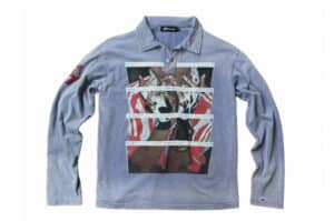 KLICK CLAK Washed Distressed 3D Graphic Print L:S Polo Tee Blue
