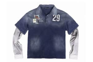 KLICK CLAK Washed Distressed Patch Detail Faux Layered L:S Polo Shirt Blue