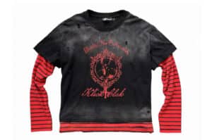 KLICK CLAK Washed Distressed Patchwork Gothic Dark Style Faux Layered L:S Tee Red Black