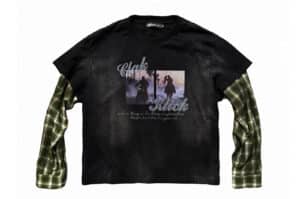 KLICK CLAK Washed Distressed Rhinestone Splatter Effect Plaid Faux Layered L:S Tee Green Black