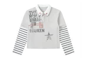 REGEN ZONE 26SS Faux Two Piece Digital Slogan Polo Long Sleeve Tee White