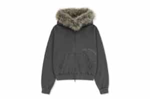 Matin Kim Vintage Graffiti Fur Trim Hoody Zip Up Charcoal JP034